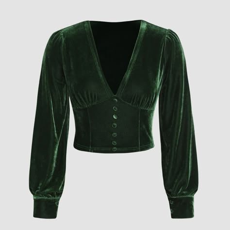 Dark Green Velvet Long Sleeve Button-Up Crop Top From Cider Size M Bust: 34 In Waist: 29 In Shoulder: 14 In Never Worn Without Tag Price Is Negotiable Green Velvet Blouse, Emerald Green Velvet, Velvet Sleeve, Velvet Blouse, Velvet Crop Top, Fits Clothes, Velvet Blouses, Clothing Details, Velvet Tops