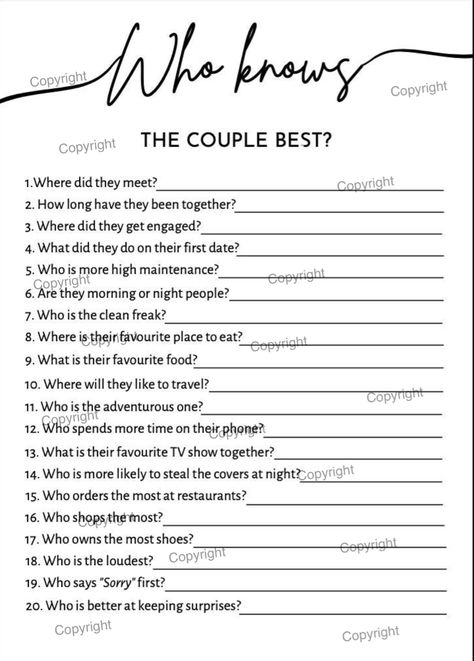 The bridal game consists of 20 questions about the couple. Interested in this game, click the link below. Wedding Couple Question Game, Bridal Question Game, Newly Wed Games Questions, Who Knows The Couple Best, Newlywed Game Questions, Bridal Shower Question Game, Engagement Questions, Couples Games, Viva Forever