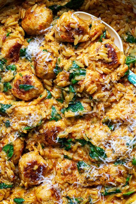 Marry Me Chicken Meatballs With Orzo Chicken Meatball Orzo, Pesto Chicken Meatballs, Orzo And Meatballs, Chicken Meatballs With Orzo, Meatballs And Orzo, Meatballs Orzo, Easy Marry Me Chicken, Spinach Dinner, Creamy Orzo Pasta