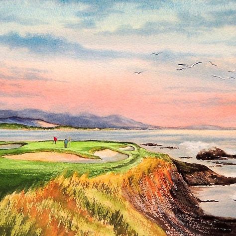 Golf Course Drawing, Golf Paintings, Pebble Beach Golf Course, Golf Painting, Palm Art, Golf Poster, Golf Art, Sleep Dream, Beach Golf