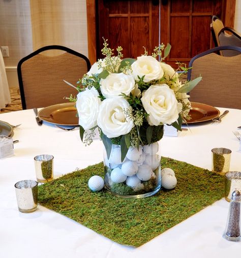 Golf Themed Graduation Party Ideas, Golf Wedding Ideas Receptions, Golf Party Table Decorations, Golf Theme Engagement Party, Golf Ball Centerpiece Ideas, Golf Themed Party Decorations, Golf Ball Centerpieces, Golf Banquet Decorations, Golf Wedding Decor