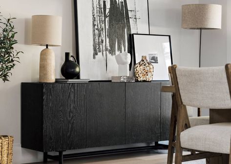 Sideboards & Storage | Urban Barn Dining Room Black Buffet, Black Buffet Dining Room, Black Sideboard In Dining Room, Modern Black Sideboard, Sideboard Decor Dining Room, Black Sideboard Buffet, Dining Room Buffet Decor, Dark Wood Sideboard, Front Room Ideas