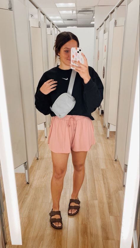 Cute Outfits With Belt Bag, Lululemon Outfit Belt Bag, Conservative Spring Outfits, Cute Comfy Outfits For Summer Shorts, Berkinstocks Outfit Summer, Athletic Shorts And Sweatshirt Outfit, Lululemon Belt Bag Outfit Summer, Black Birkenstock Outfit Summer, Pink Athletic Shorts Outfit