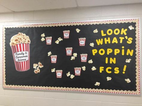 Look What's Poppin' in FCS bulletin board Fcs Bulletin Boards, Popcorn Door Decorations Classroom, Look What We Did Bulletin Board, What’s Poppin Bulletin Board, Joke Bulletin Board Ideas, Popcorn Bulletin Board, Goals Bulletin Board, Work Bulletin Boards, Ra Boards