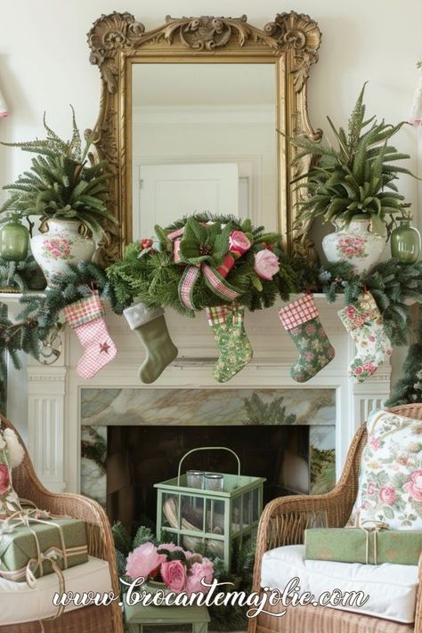 10 Jaw-Dropping Christmas Mantle Decor Ideas You Need to See - Brocante Ma Jolie Pink Christmas Fireplace, Pink Christmas Mantle, Pink Christmas Mantle Decor, Victorian Christmas Fireplace Decorations, Gold White Pink Xmas Mantels, White String Lights, Retro Ornaments, Cozy Christmas Decor, Christmas Mantle Decor