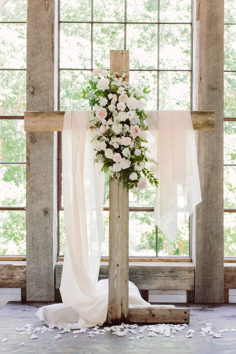 Cross Garland Wedding, Wedding Cross Flowers Ceremony Backdrop, Christian Wedding Ideas Ceremony Decor, Cross Arbor Wedding Flowers, Wedding Chapel Entrance Decor, Wood Cross For Wedding, Wooden Cross Wedding Arch, Wooden Cross Wedding Decor, Wedding Cross Decorations