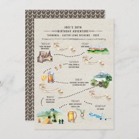 $ 2.62 | Birthday Weekend Itinerary | Tasmania #weekend, itinerary, destination, girls weekend, party, travel, watercolor map, tasmania, illustrated itinerary cards, birthday weekend Birthday Weekend Itinerary, Birthday Itinerary, Travel Watercolor, Easter Invitations, 30 Birthday, 21st Birthday Invitations, Weekend Itinerary, Mermaid Birthday Invitations, Event Card