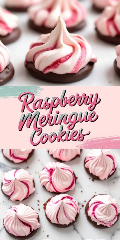 A collage featuring raspberry meringue cookies with a chocolate base. The top section shows a close-up of swirled pink and white meringue cookies with crisp edges and a glossy finish. The middle section has a pastel pink background with bold, cursive text reading “Raspberry Meringue Cookies.” The bottom section displays multiple cookies on a marble surface, highlighting their delicate texture and rich chocolate coating. Crispy Cookie Recipes, Tart Raspberry, Raspberry Meringue, Raspberry Desserts, Raspberry Cookies, Easy Chocolate Chip Cookies, Crispy Cookies, Kinds Of Cookies, Cake Studio