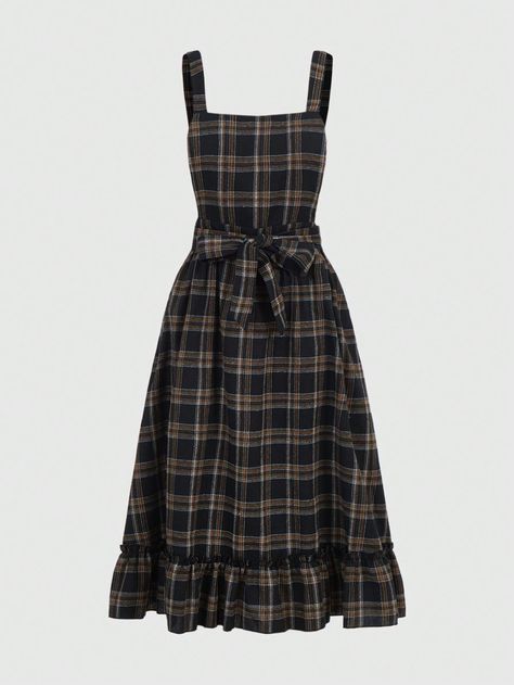 ROMWE Academia Plaid Print Ruffle Hem Belted Cami Dress, SchoolI discovered amazing products on SHEIN.com, come check them out! Plaid Spaghetti Strap Dress, Hobbit Clothes, Dresses 70s, Gothic Cottagecore, Dress School, Plaid Dresses, Spaghetti Strap Dress, Brown Plaid, Women Long Dresses