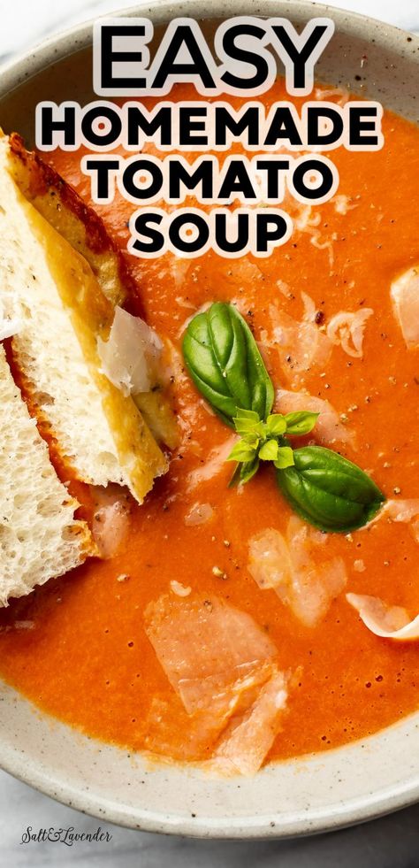 closeup of a bowl of soup with bread and text overlay that reads easy homemade tomato soup Tomatoe Soup Canning Recipes, Tomato Soup With Tortellini Easy, East Tomato Soup Recipe, Homemade Tomato Soup Recipe Video, Pantry Tomato Soup, Tomato Soup Recipe Canned Tomatoes, Tomato Sauce Soup Recipe, Recipes For Tomato Soup, Homemade Tomato Soup From Tomato Sauce