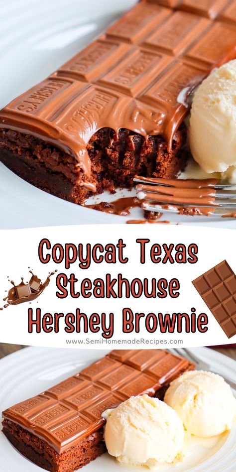 The Hershey© Brownie from Texas Steakhouse is a dessert that reminds me of going out to eat when I was a kid! It's a warm brownie with an entire Hershey© chocolate bar melted on top and served with vanilla ice cream! Hersheys Desserts, Hershey Chocolate Bar Recipes, Oreo Hershey Bar Cake, Hershey Bar Cake, Brownies With Hershey Syrup, Hersey Syrup Brownies, Hershey’s Chocolate Cake, Hershey Brownies, Hershey Bar Cakes