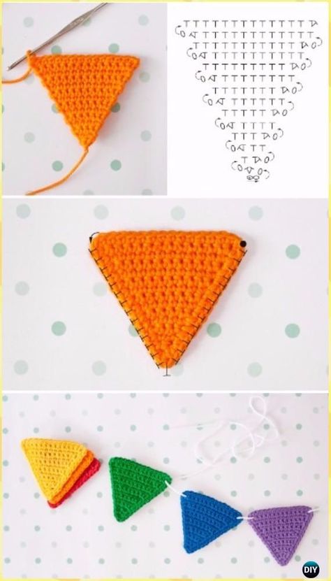 Crochet Triangle Pattern, Crochet Bunting, Crochet Garland, Mode Crochet, Pola Amigurumi, Crochet Triangle, Crochet Stitches For Beginners, Triangle Pattern, Crochet Stitches Patterns