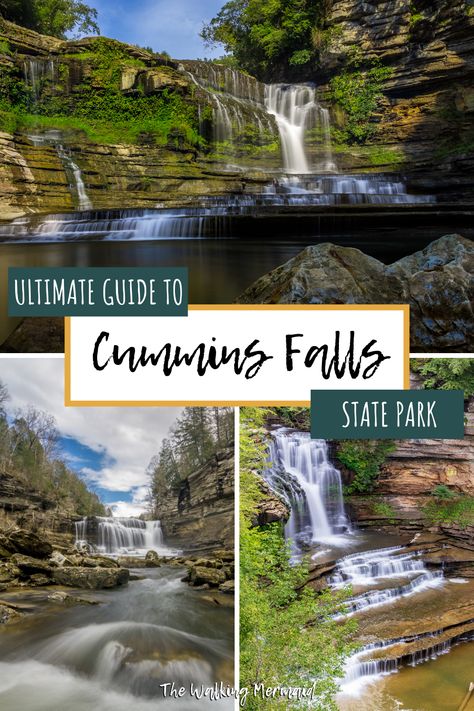 Photo of Cummins Falls from various views. Linked to a hiking guide to Cummins Falls State Park. Cummins Falls State Park Tennessee, Cummings Falls State Park, Cummings Falls Tennessee, Fall Creek Falls State Park, Cummins Falls Tennessee, Cummings Falls, Kentucky Waterfalls, Tennessee Adventures, Cummins Falls