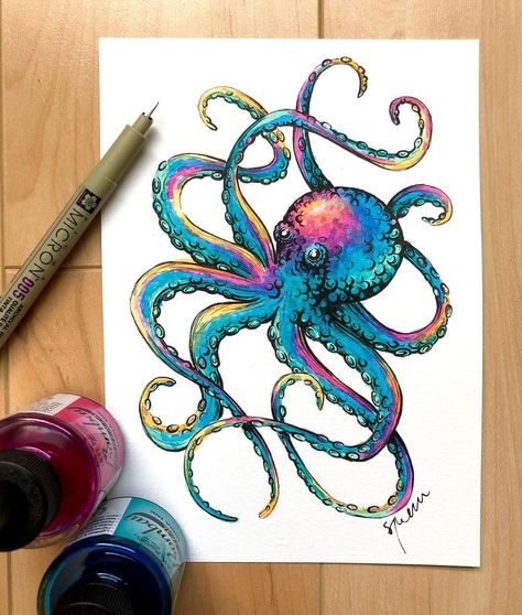 Octopus Drawing, Octopus Tattoo Design, Octopus Tattoos, Buddha Tattoo, Octopus Tattoo, Watercolor Fish, India Ink, Color Pencil Art, Ocean Art