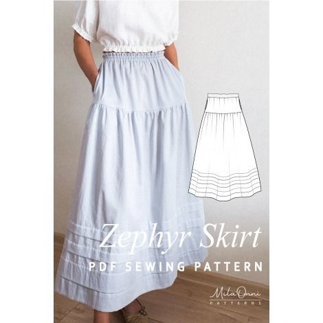 Zephyr Skirt Pattern - Boho Skirt Sewing Pattern with Pockets and Elastic Waist | MilaOnni sewing patterns Elastic Waist Skirt Pattern Free, Maxi Skirt Sewing Pattern Free, Sewing Skirts Patterns, Maxi Skirt Sewing, Elastic Waist Skirt Pattern, Skirt Sewing Pattern Free, Maxi Skirt Sewing Pattern, Elegant Midi Skirt, Skirt Pattern Free