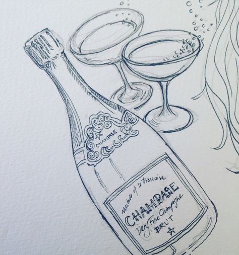 Champagne Problems Tattoo, Watercolour Champagne, Champagne Sketch, Champagne Bottle Drawing, Champagne Drawing, Champagne Tattoo, Don Perignon, Parisian Party Theme, Pyrography Designs