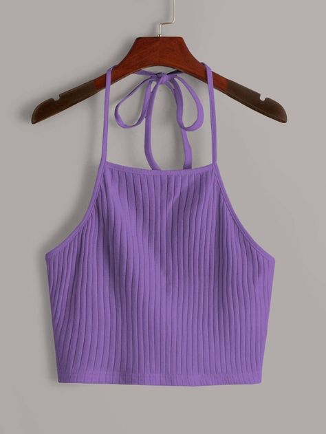 Top Violeta, Purple Crop Top, Womens Halter Tops, Women Tank Tops, Crop Top Outfits, Halter Tops, Knit Sleeve, Purple Top, Summer Tank Tops