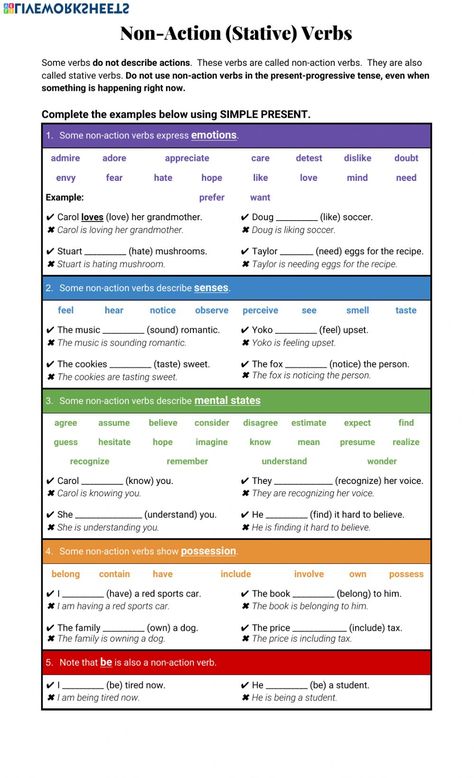 Non-Action (Stative) Verbs worksheet Stative Verbs Worksheet, Stative Verbs, Action Verbs Worksheet, Teaching Character Traits, Verbs Worksheet, Intransitive Verb, Verbs Activities, English Tenses, Verb Examples