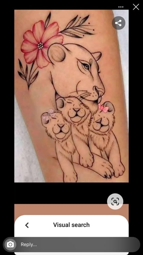 Mama Lion And Cubs Tattoo Sleeve, Lioness And Cubs Tattoo Mothers, Mama Lion And Cubs Tattoo, Lioness And Cub Tattoo, Lioness Tattoo Design, Baby Footprint Tattoo, Classy Tattoos For Women, Paw Party, Lioness Tattoo