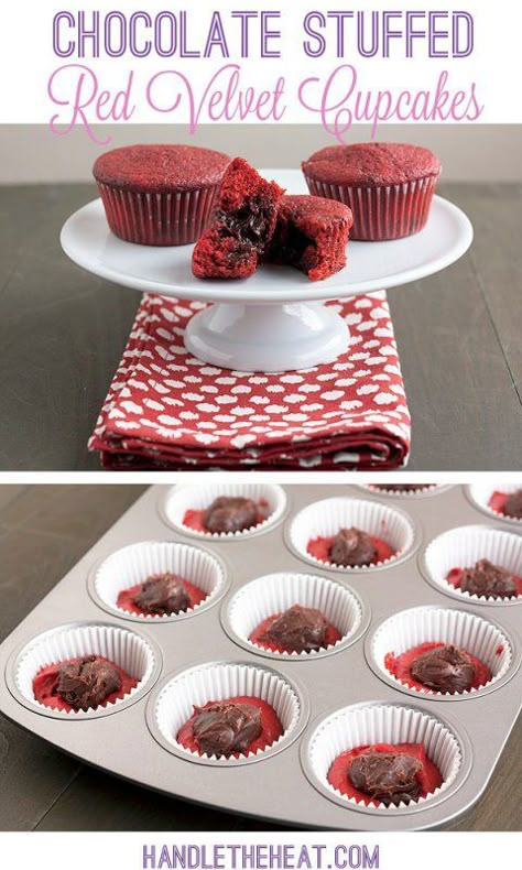 Chocolate Stuffed Red Velvet Cupcakes Fillings For Red Velvet Cupcakes, Red Velvet Cupcake Filling Ideas, Stuffed Cupcakes, Chocolate Cupcakes Filled, Red Velvet Recipes, Red Cupcakes, Handle The Heat, Cupcakes Recipes, Filled Cupcakes