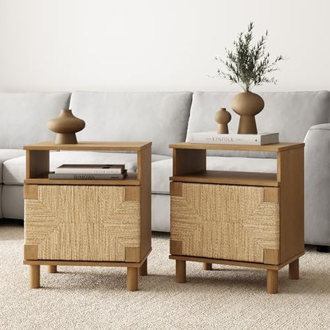 Nathan James Beacon Wood End Side Accent Table with Storage for Living Room or Bedroom, Light Brown/Seagrass - Set of 2 Nightstand Bohemian, Wall Bar Shelf, Bookshelves Living Room, Door For Bedroom, Wood Door Frame, Wooden Accent Table, Bookshelf Table, Bohemian Sofa, Storage For Living Room