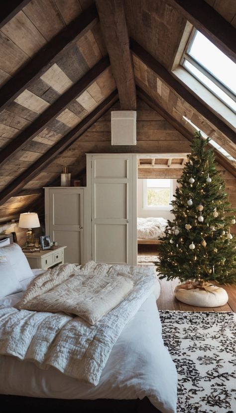 rustic loft attic bedroom with christmas tree. smart attic renovation with sloped ceiling Split Attic Bedroom Ideas, Attic Scuttle Ideas, Attics Turned Into Bedrooms, Attic Bedroom Storage Ideas, Attic Bedroom And Bathroom, Dormer Bedroom Ideas Sloped Ceiling, Attic Master Suite Angled Ceilings, Attic Loft Bedroom Ideas Sloped Ceiling, Open Loft Ideas