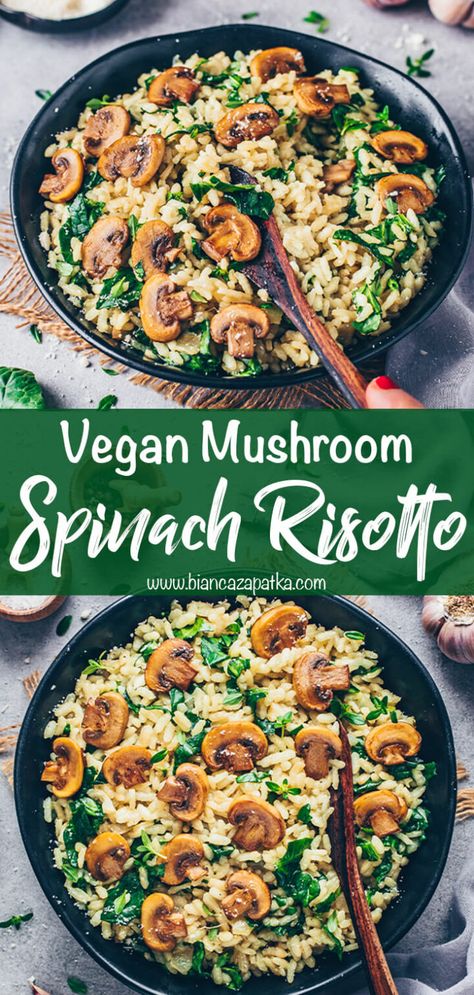 Vegan Spinach Dinner, Rissoto Recipes Vegan, Mushroom And Spinach Risotto, Vegan Arborio Rice Recipes, Vegan Mushroom Risotto Recipes, Wfpb Spinach Recipes, Plant Based Spinach Recipes, Vegan Mushrooms Recipe, Vegan Spinach Casserole