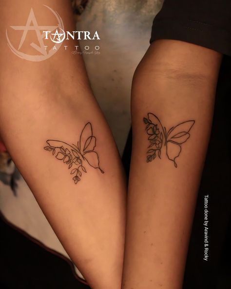 Fineline butterfly tattoo Butterfly Tattoo For Friends, Butterfly Tattoo Couple, Butterfly Friendship Tattoos, Sister Butterfly Tattoos, 3 People Tattoo Ideas, Butterfly Tattoo Matching, Friendship Tattoo Ideas, Matching Butterfly Tattoos, Fineline Butterfly