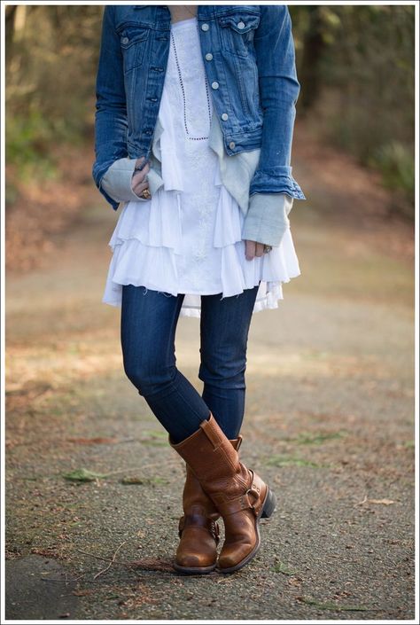 Dress over Jeans // Levis Jacket + Inhabit Cashmere Cardigan + Free People Sunbeams Dress+ DL1961 Emma Bloom + Frye Harness Boots Frye Harness Boots Outfit, Frye Boots Outfit, Emma Bloom, Conservative Clothing, Dress Over Jeans, Campus Boots, Frye Harness Boots, Boot Outfits, Casually Chic