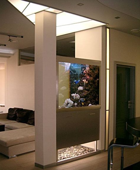 Interior Pillars, Fish Tank Wall, Divider Design, Home Aquarium, Living Room Partition, Living Room Partition Design, Unique Bathroom, Living Room Flooring, Dream Decor