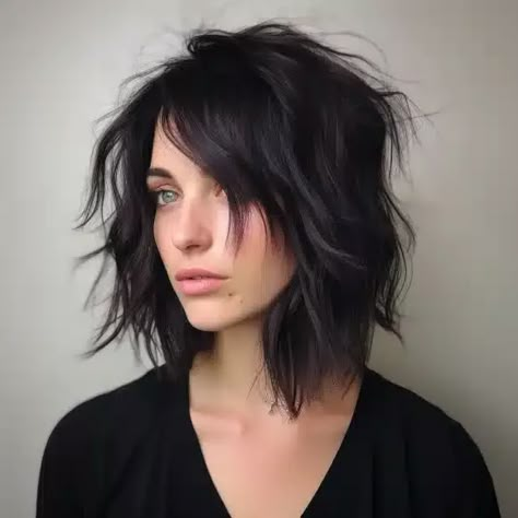 83 Trending Medium-Length Shag Haircut Ideas Shaggy Brunette Bob, Very Choppy Layered Hair, Soft Shag Haircut Shoulder Length, Side Shag Haircut, Above Shoulder Shag, Wavy Edgy Hair, Werewolf Haircut Female, Layered Choppy Shoulder Length Hair, Messy Medium Length Haircut