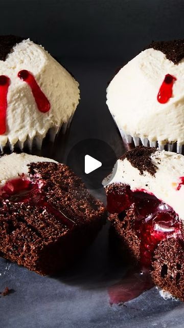 Delish on Instagram: "Sink your teeth into these devilishly delightful Vampire Cupcakes—perfect for Halloween 🧛

These moist chocolate cupcakes are filled with a gooey strawberry jelly "blood" center, topped with fluffy marshmallow-y frosting, and decorated to resemble Dracula's iconic hairline. Full recipe in bio. 

#halloween #halloweenrecipes #vampire #vampirecupcakes #dessert #fallrecipes #fallbaking" Vampire Cupcakes, Moist Chocolate Cupcakes, Chocolate Cupcakes Moist, Strawberry Jelly, Fall Baking, Halloween Recipes, Chocolate Cupcakes, Fall Recipes, Frosting