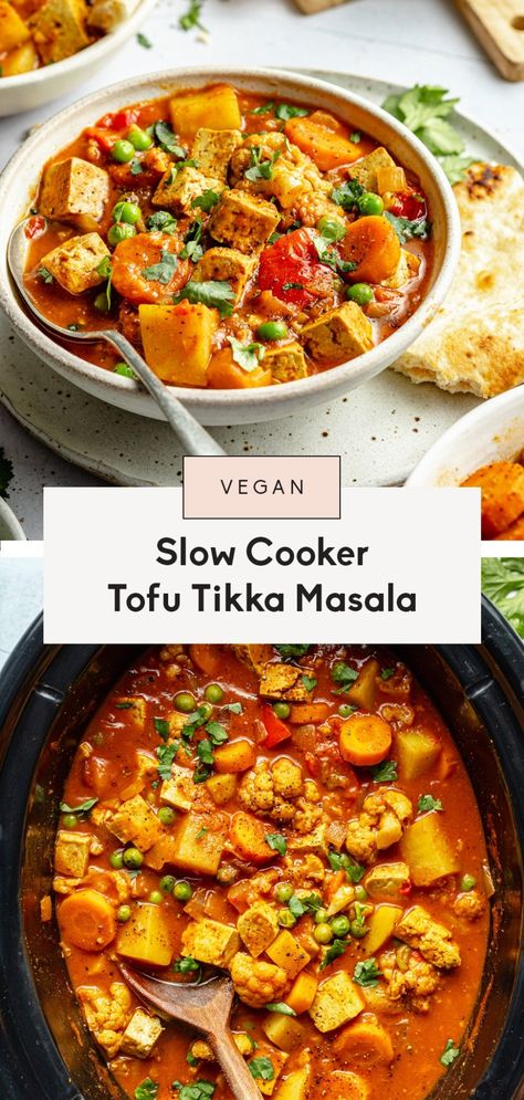 This unbelievably nourishing vegan tikka masala recipe is packed with veggies and plenty of protein from tofu! It's a great recipe for crowds or to make for meal prep and is delicious with a side of naan bread for dipping. Use your slow cooker for an easy meal with little cleanup! Tofu Tikka Masala, Tofu Tikka, Bread For Dipping, Vegan Tikka Masala, Vegan Slow Cooker Recipes, Vegan Crockpot Recipes, Vegetarian Slow Cooker Recipes, Vegan Crockpot, Slow Cooker Dinner Recipes