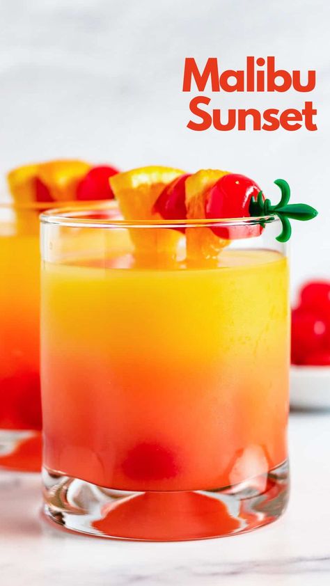 The luxurious and vibrant Malibu Sunset drink will take you away to a faraway tropical paradise. #MalibuSunset Simple Malibu Drinks, Fun Drinks With Malibu, Malibu Orange Juice Drinks, Alcholic Drink Tropical, Grenadine Cocktail, Tropical Sunrise Drink, Hawaiian Drinks, Sunset Drink, Malibu Sunset