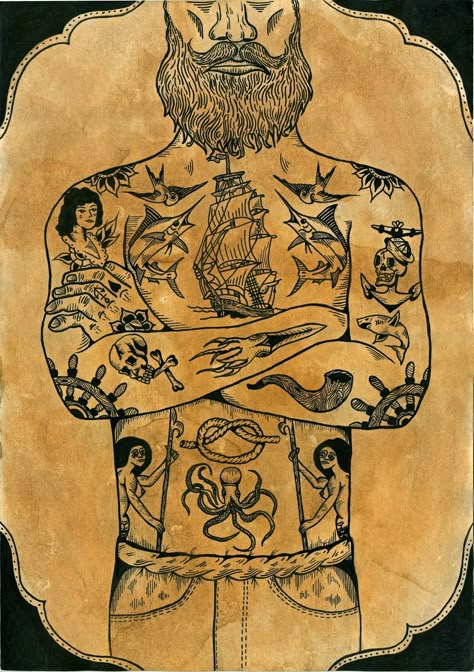 Traditional Sailor Tattoo Old School, Sailor Chest Tattoo, Sailor Back Tattoo, Pirate Tattoos Traditional, Old School Pirate Tattoo, Sailor Traditional Tattoo, Seaman Tattoo Design, Sailor Tattoos Traditional, Pirate Tattoo Traditional