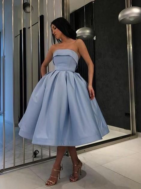 Prom Dresses Tea Length, Dresses Tea Length, Strapless Homecoming Dresses, Tea Length Prom Dress, Light Blue Prom Dress, Satin Ball Gown, Elegant Ball Gowns, Cheap Homecoming Dresses, Strapless Prom Dresses