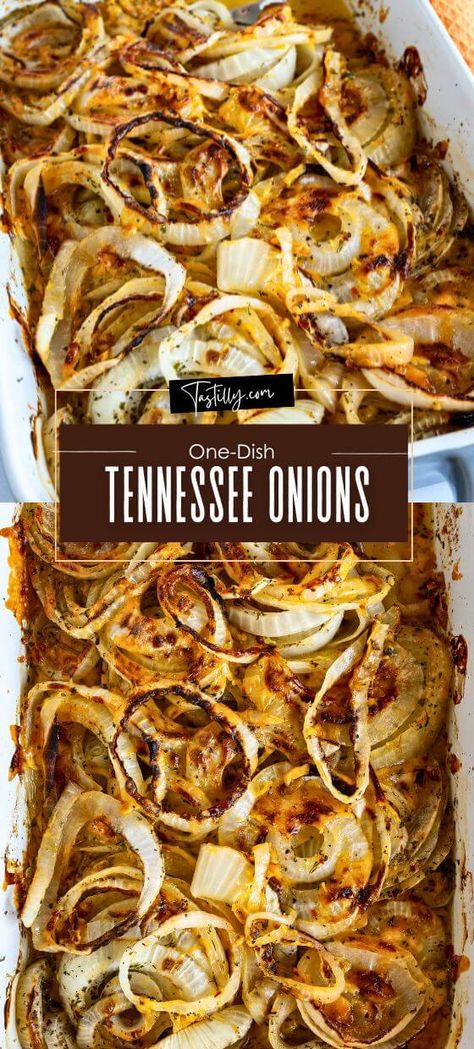 One-Dish Tennessee Onions – Tastilly Tennessee Onion Side Dish, Texas Onions, Onion Side Dish Recipes, Veggie Dishes For Party, Tennessee Onions Recipe, Tennessee Onions Southern Living, Vegetable Casserole With French Fried Onions, Southern Sides, Tennessee Onions