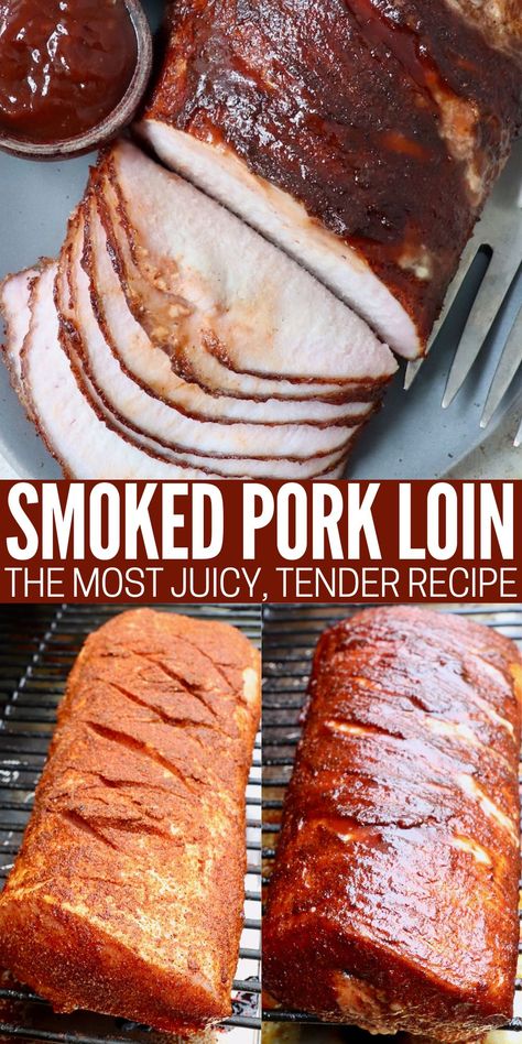 Create the most amazing, melt-in-your-mouth Smoked Pork Loin with this simple recipe! It starts with an overnight brine that tenderizes the meat, then it’s coated in a flavorful bbq rub. It's finished on the smoker with bbq sauce to add amazing flavor to the meat. This juicy, tender pork recipe is one that you’ll want to toss on the smoker again and again! Pork Tenderloin Smoked Recipes, Smoked Pork Tenderloin Recipes Electric Smoker, Pit Boss Pork Tenderloin, Pit Boss Pork Loin, Pork Tenderloin On The Smoker, Pork Loin Glaze Sauces, Pellet Smoked Pork Loin, Pork Tenderloin On Pellet Grill, Pork Roast Smoker