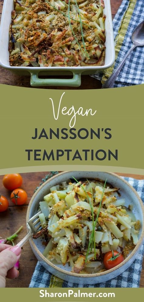 Jansson’s Temptation is a beloved, traditional Swedish potato casserole. Serve this vegan version as a twist on the classic recipe for the holidays or a simple comfort food meal or potluck. #vegan #easyveganfood #holidays #holidaycasserole #easycasserole #vegancasserole #swedishfood #veganswedishfood #swedishveganfood #healthyveganfood #christmascasserole Swedish Vegetarian Recipes, Vegan Scandinavian Recipes, Vegan Swedish Recipes, Potluck Vegan, Swedish Foods, Swedish Food, Wfpb Recipes, Seasonal Living, Vegan Entree