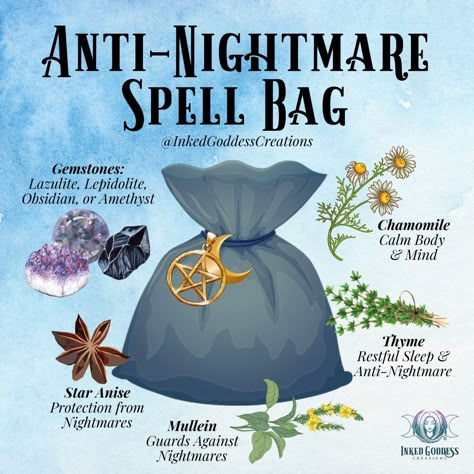 Add these ingredients to a spell bag and keep near your bed or under your pillow to ward off nightmares! #dreammagick #spellbag #antinightmare #witchspell Things To Put Under Your Pillow, Nightmare Spell Witchcraft, Witchy House Keeping, Ward Off Bad Dreams, Under Pillow Spells, Sleep Spell For Others, Spells For Nightmares, Spell Jar For Nightmares, Dream Bags Witchcraft