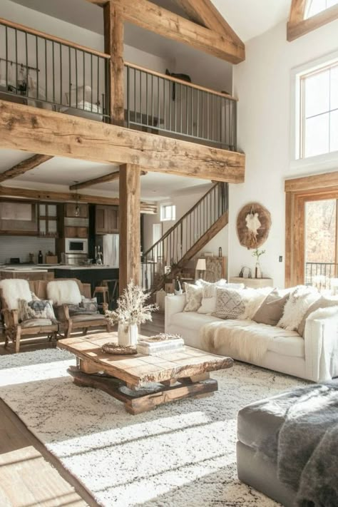 Create a Cozy Retreat with Farmhouse Living Room Decor 🛋️✨ Design a warm and inviting living room with farmhouse decor. Use rustic furniture, vintage accents, and neutral tones for a charming country feel. 🌿🏡 #FarmhouseLivingRoom #HomeDecor #CountryStyle #LivingRoomInspo Living Room Inspiration Rustic Modern, Interior Design Farmhouse Rustic, Cute Country Living Room Ideas, Cute Rustic Living Room Ideas, Modern Rustic House Interior Wood Beams, Farmhouse Inspo Living Room, Home Decor Ideas Living Room Rustic, Home Inspiration Living Room Cozy, Rustic Cream Living Room