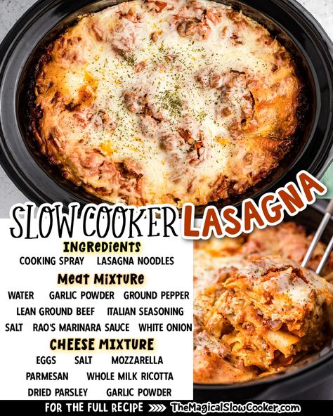 This Slow Cooker Lasagna is the perfect recipe to try when you're looking to make a homemade lasagna your whole family will enjoy. Traditional ingredients are layered in the crock pot and cooked in just a few hours, making this an excellent choice for dinner tonight. - The Magical Slow Cooker Ree Drummond Slow Cooker Lasagna, No Boil Slow Cooker Lasagna 12 Tomatoes, Rock Pot Lasagna, Slow Cooker Lasagna With No Boil Noodles, Crockpot Lasagna With Cream Cheese, No Boil Slow Cooker Lasagna, Crockpot Lasagna No Boil Noodles, Lazy Day Crockpot Lasagna, Deconstructed Lasagna Crockpot