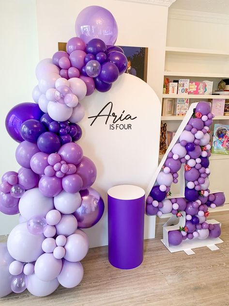 We created this purple balloon set up for Aria's 4th birthday. Contact us today to book your event decor Purple Theme Party, Purple Birthday Decorations, New Year Party Decorations, Lila Party, Purple Party Decorations, Purple Birthday Party, New Year's Party Decorations, Event Stylist, Purple Theme