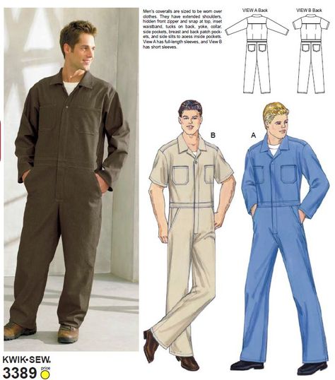 Purchase Kwik Sew 3389 Coveralls and read its pattern reviews. Find other Mens - Pants, sewing patterns. Vintage Jumpsuit Pattern, Coverall Pattern, Mens Coveralls, Mechanic Jumpsuit, Men Overall, Suit Sewing Patterns, Mens Sewing Patterns, Jumpsuit Pattern Sewing, Kwik Sew Patterns