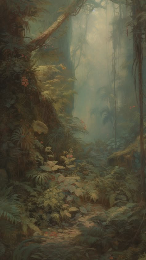 Experience the allure of a misty vintage jungle on your iPhone and Android, where every glance at your screen is a step into a lush, hidden world. 🌿👣 Fine Art Wallpaper Iphone, Green Wallpaper Dark Aesthetic, Vintage Art Wallpaper Iphone, Faded Wallpaper Iphone, Woodland Aesthetic Wallpaper, Aesthetic Earthy Wallpaper, Vintage Jungle Aesthetic, Mossy Wallpaper, Earthy Lockscreen