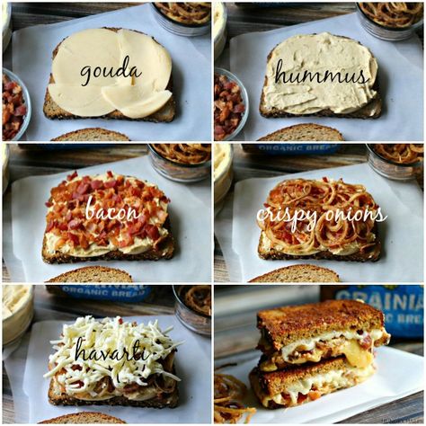 Hungry Harps: Hummus and Bacon Grilled Cheese Sandwich with Crispy Onions {Arla Dofino Recipes} Grilled Cheese Brie, Hummus Sandwich Recipes, Bacon Grilled Cheese Sandwich, Hummus Sandwich, Bacon Grill, Spring Produce, Bacon Grilled Cheese, Organic Bread, Havarti