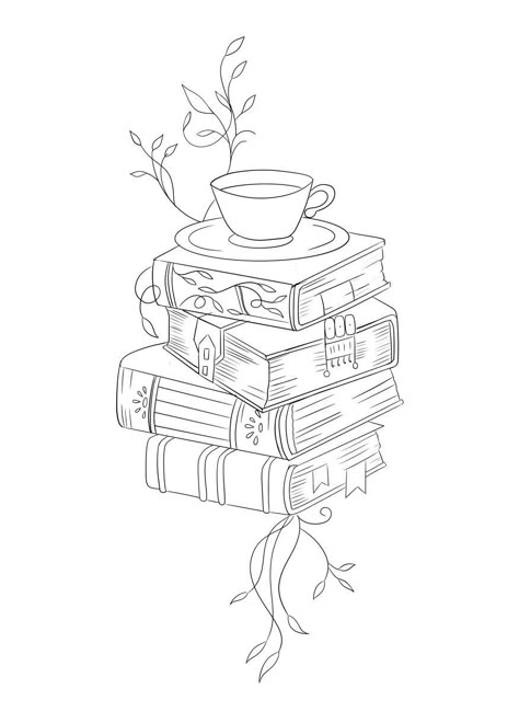 Book Stack Drawing, Line Art Book, Bookish Tattoos, Space Coloring Pages, Book Outline, Angel Drawing, Book Tattoo, Book Drawing, Tattoo Outline