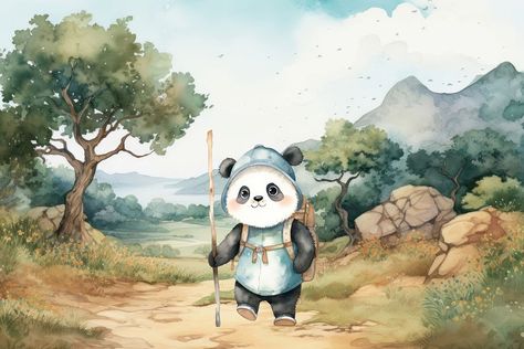 Cartoon panda trekking watercolor animal character illustration | free image by rawpixel.com / Ava Panda Cute Drawing, Drawing Of Panda, Panda Character Design, Animal Character Illustration, P Png, Panda Watercolor, Magic Font, Watercolor Cartoon, Panda Cute