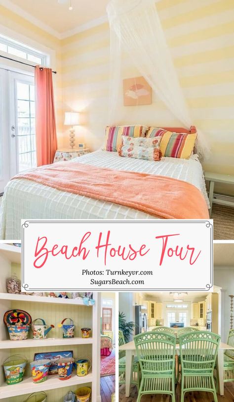 Beach house tour decorating ideas at SugarsBeach.com The finest beach house decor inspiration. #SugarsBeach Whimsical Beach House Decor, Beach Cottage Inspiration, Retro Beach Living Room, Bright Coastal Decor, Bright Beach Decor, Maximalist Beach House, Bright Beach House Decor, Beach Cottage Decorating Ideas, Beach Condo Decorating Ideas