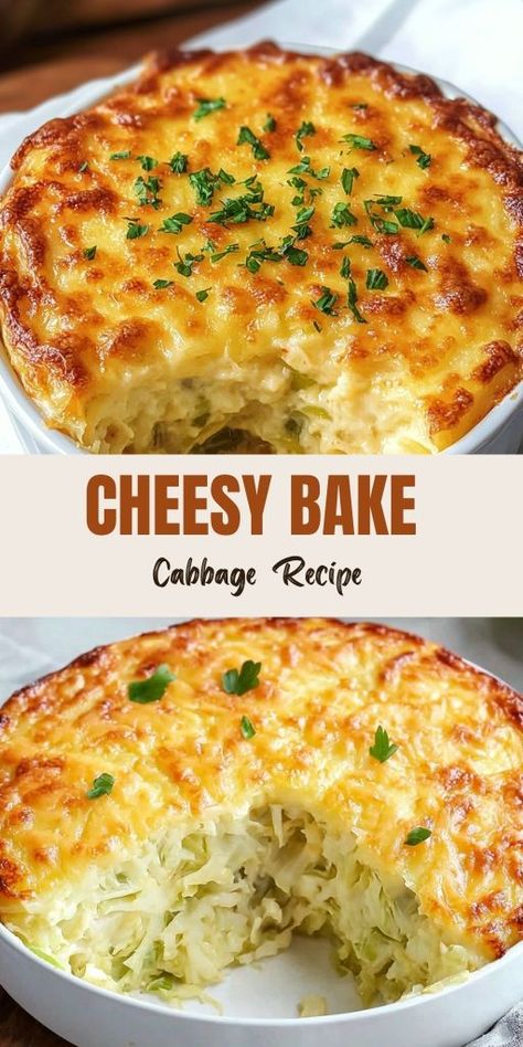 Cheesy Cabbage Bake Ingredients: 4 large eggs 1/4 cup plain low-fat Greek yogurt 1/4 cup mayonnaise (use vegan mayo if preferred) 1/4 cup all-purpose flour 1 teaspoon baking powder 1 teaspoon cornstarch 1 pound cabbage (about 6 cups, thinly sliced) 1 teaspoon salt (or to taste) A pinch of black pepper 1 1/3 cups mozzarella cheese, grated Butter (for greasing the baking dish) Freshly chopped parsley (for garnish) #Cheesy #BakeCabbage Delicious Cabbage Recipes, White Cabagge Recipes, Cabbage Gratin Recipe, Low Fat Meals For Pancreas, Cooked Cabbage Recipes Simple, Cabbage Casserole Crockpot, Cabbage Dinner Ideas, What To Do With Cabbage, Cabbage Recipes Easy